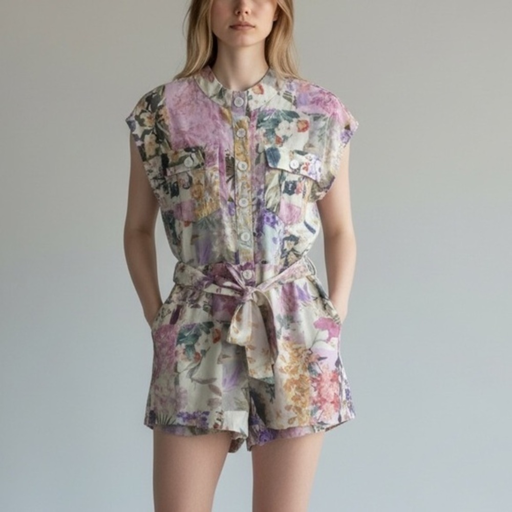 Floral Button-Up Romper with Belt Cotton/Linen Blend